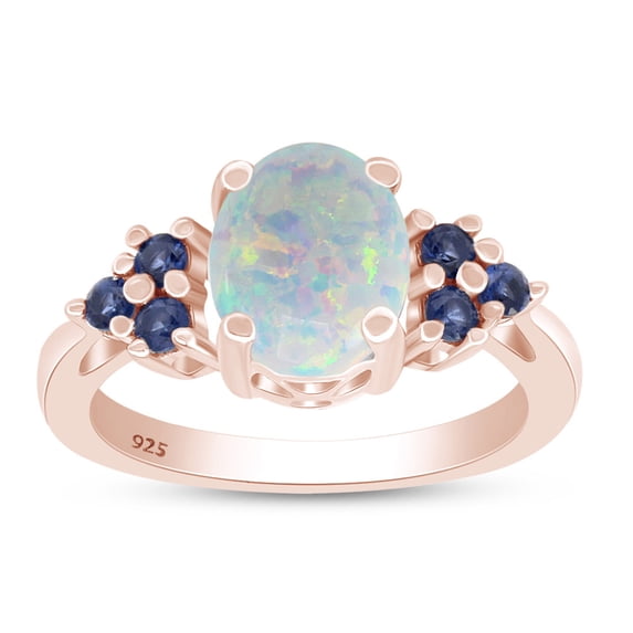White Opal & Blue Sapphire In 14k Rose Gold Over Sterling Silver Oval & Round Cut Ring Jewelry For Womens Ring Size-5.5