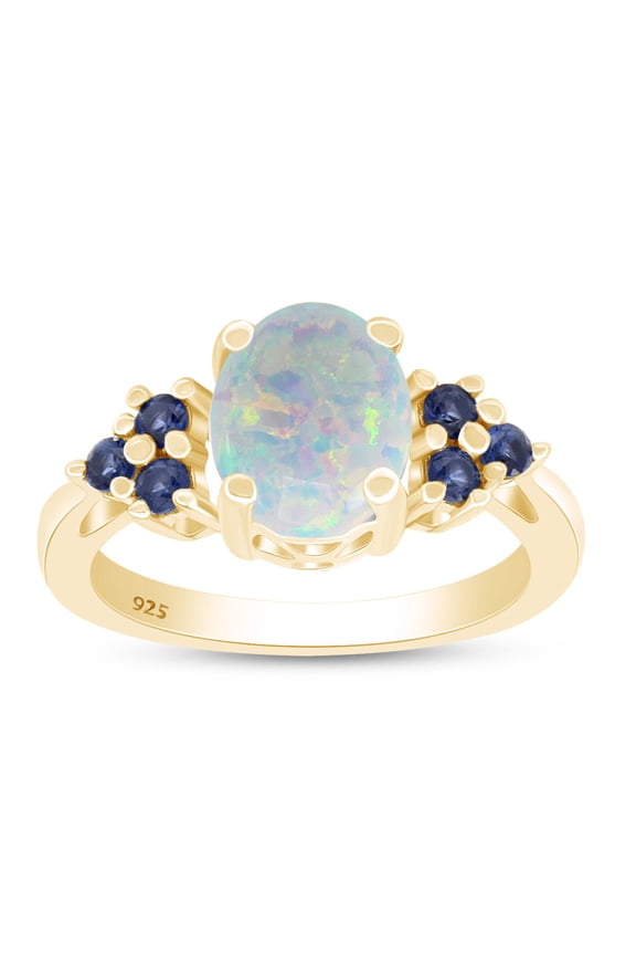 White Opal & Blue Sapphire In 14k Yellow Gold Over Sterling Silver Oval & Round Cut Ring Jewelry For Womens Ring Size-6.5