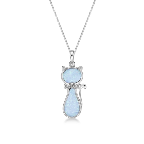 White Opal Cat Pendant with .004 cttw Diamond Sterling Silver Necklace - 18