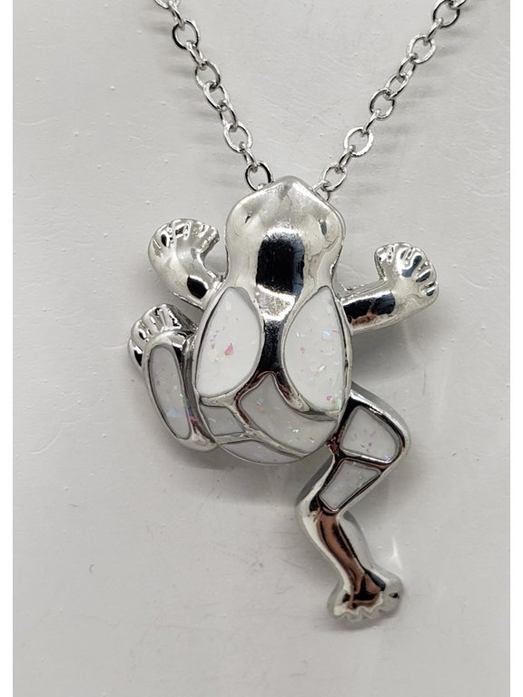 White Opal Frog Silver Necklace