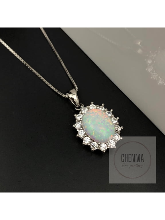 White Opal Gemstone Pendant Necklace in Sterling Silver | Natural Certified Opal Jewelry Gift for Women