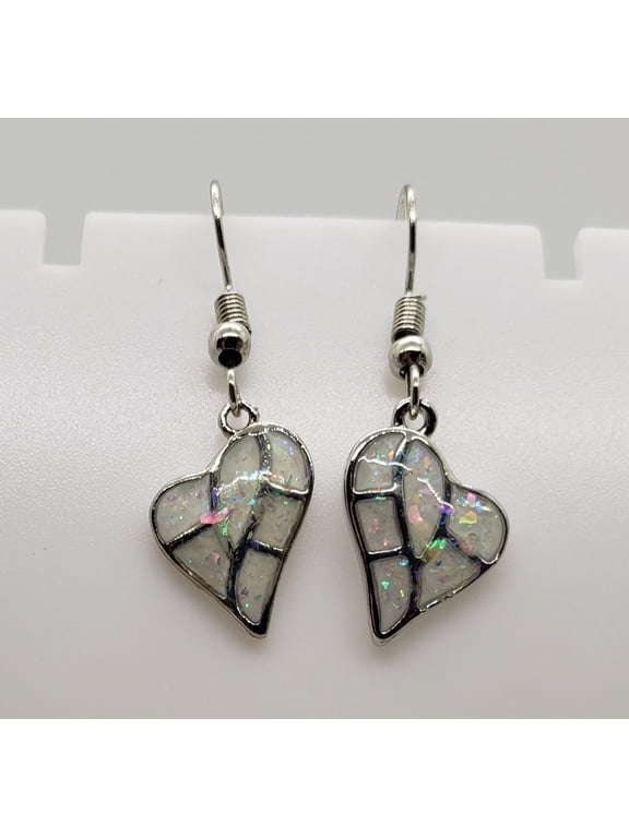 White Opal Heart Silver Earrings