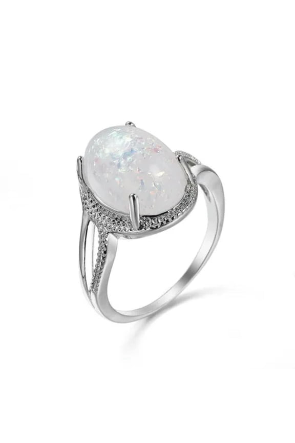White Opal Oval Cut CZ Band Women's 925 Silver Engagement Wedding Ring Size 6-10