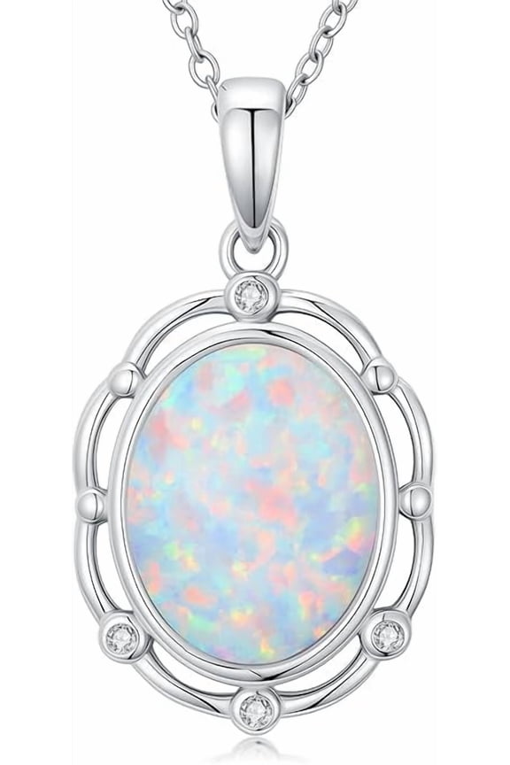White Opal Pendant Necklace for Women in 925 Sterling Silver/Yellow Gold /Rose Gold Plated | Oval Cut Opal | October Birthstone Jewelry Gift