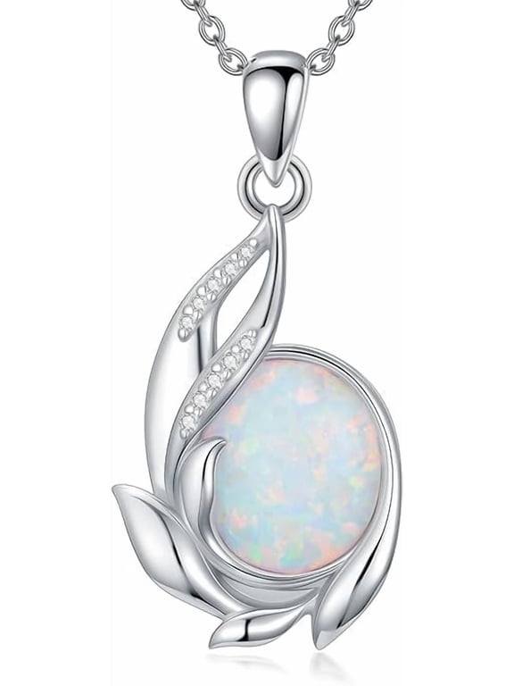 White Opal Pendant Necklace for Women in 925 Sterling Silver/Yellow Gold /Rose Gold Plated | Oval Cut Opal | October Birthstone Jewelry Gift