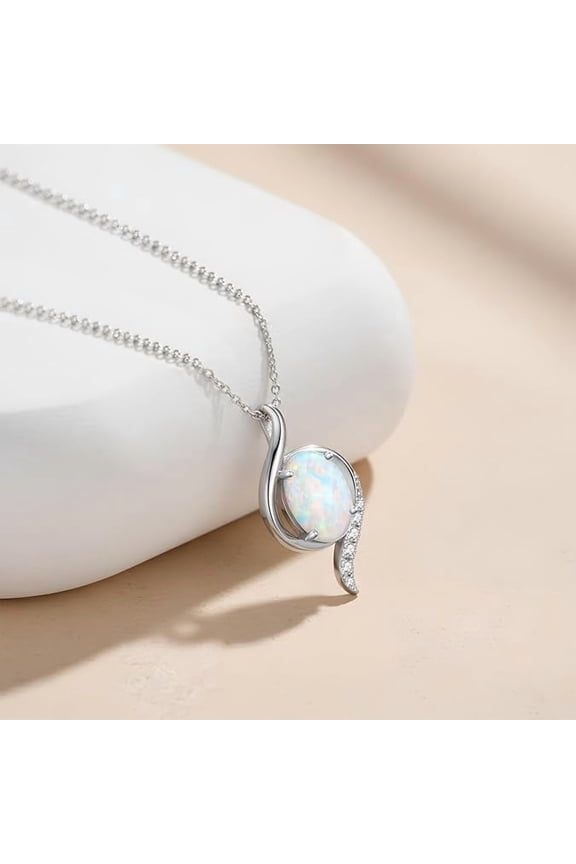 White Opal Pendant Necklace for Women in 925 Sterling Silver/Yellow Gold /Rose Gold Plated | Oval Cut Opal | October Birthstone Jewelry Gift