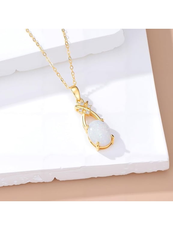 White Opal Pendant Necklace for Women in 925 Sterling Silver/Yellow Gold /Rose Gold Plated | Oval Cut Opal | October Birthstone Jewelry Gift