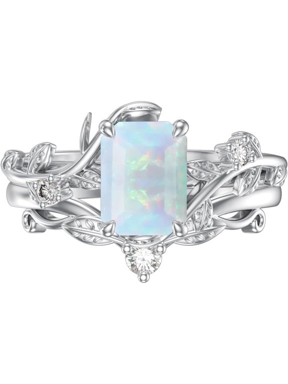 White Opal Rings for Women 925 Sterling Silver Leaf Emerald Cut Opal Engagement Ring Set Promise Bridal Anniversary Birthday Jewelry Gift Size 7