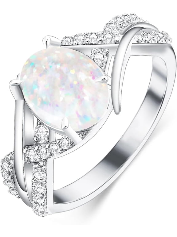 White Opal Rings for Women Oval 925 Sterling Silver Engagement Ring for Wedding Promise Oval October Birthstones Jewelry for Wife Size 5 to 13