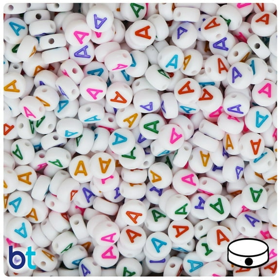 White Opaque 7mm Coin Alpha Beads - Colored Letter A (100pcs)