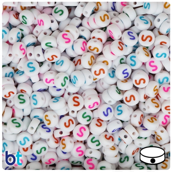 White Opaque 7mm Coin Alpha Beads - Colored Letter S (100pcs)