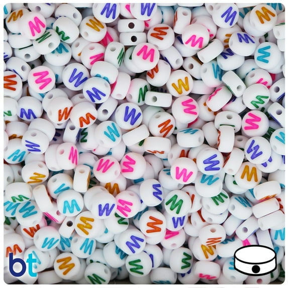 White Opaque 7mm Coin Alpha Beads - Colored Letter W (100pcs)