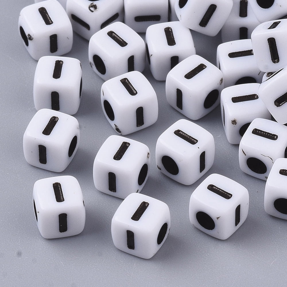 White Opaque Acrylic Beads Horizontal Hole Cube with Black Alphabet Letter I 4-5x4-5x4-5mm Hole: 1.8mm 6000-6500pcs/500g