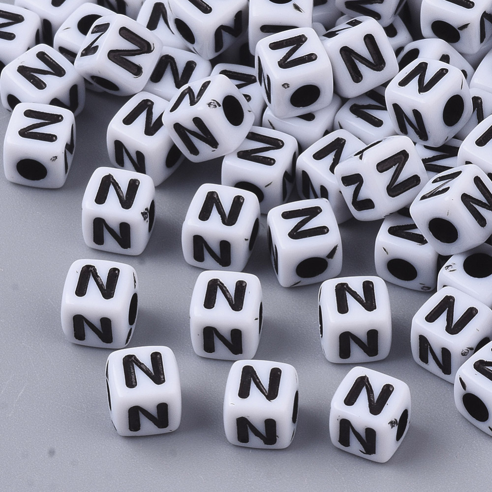 White Opaque Acrylic Beads Horizontal Hole Cube with Black Alphabet Letter N 4-5x4-5x4-5mm Hole: 1.8mm 6000-6500pcs/500g