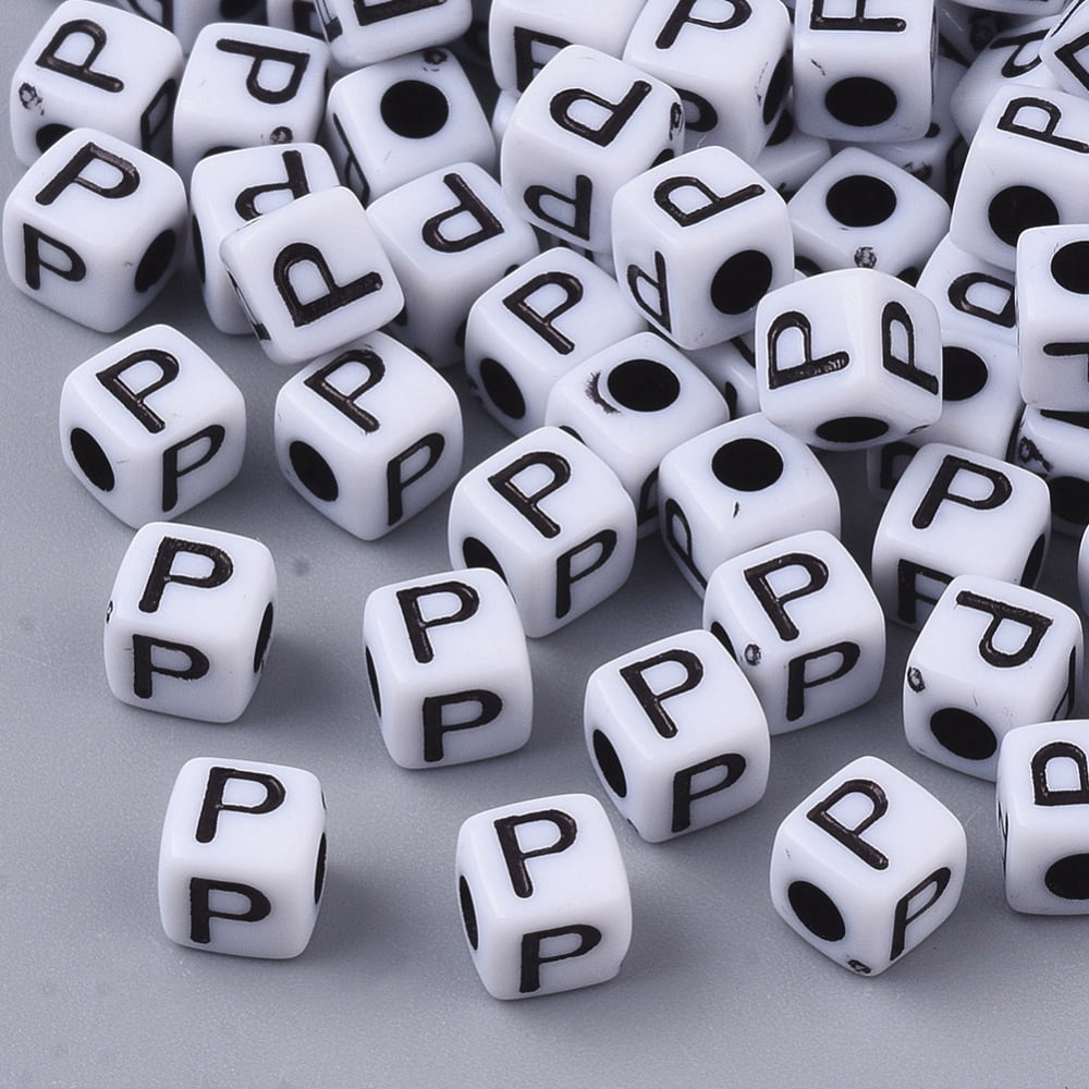 White Opaque Acrylic Beads Horizontal Hole Cube with Black Alphabet Letter.P 4-5x4-5x4-5mm Hole: 1.8mm 6470-6500pcs/500g