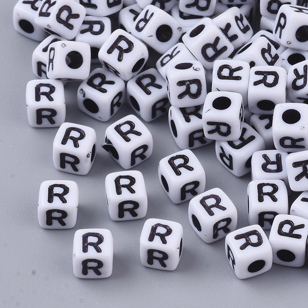 White Opaque Acrylic Beads Horizontal Hole Cube with Black Alphabet Letter R 4~5x4~5x4~5mm Hole: 1.8mm about 6000~6500pcs/500g