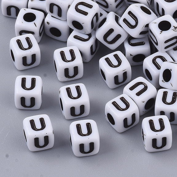 White Opaque Acrylic Beads Horizontal Hole Cube with Black Alphabet Letter.U 4~5x4~5x4~5mm Hole: 1.8mm about 255~260pcs/20g