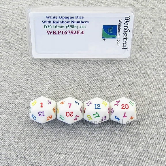 White Opaque Dice With Rainbow Color Numbers D20 16mm (5/8in) Pack of 4 Wondertrail