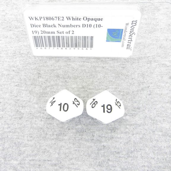 White Opaque Dice with Black Numbers D10 (10-19) 20mm (25/32in) Set of 2 Wondertrail