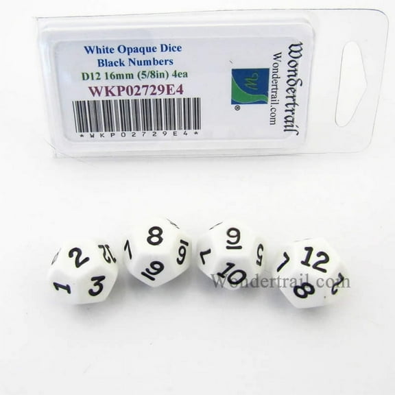 White Opaque Dice with Black Numbers D12 16mm (5/8in) Pack of 4 Wondertrail