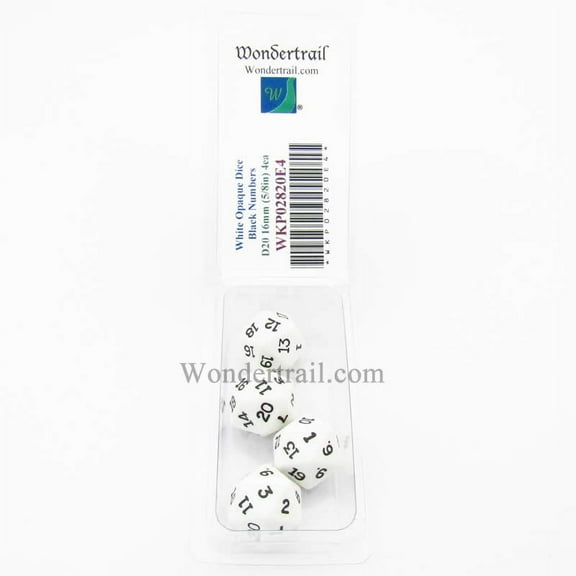 White Opaque Dice with Black Numbers D20 16mm (5/8in) Pack of 4 Wondertrail