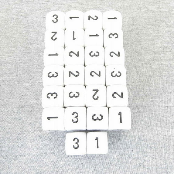 White Opaque Dice with Black Numbers D3 (d6 1-3 Twice) 16mm (5/8in) Pack of 50 Wondertrail