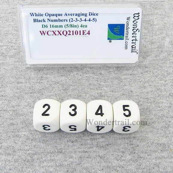 White Opaque Dice with Black Numbers D6 Averaging Dice 16mm (5/8in) Pack of 4 Wondertrail