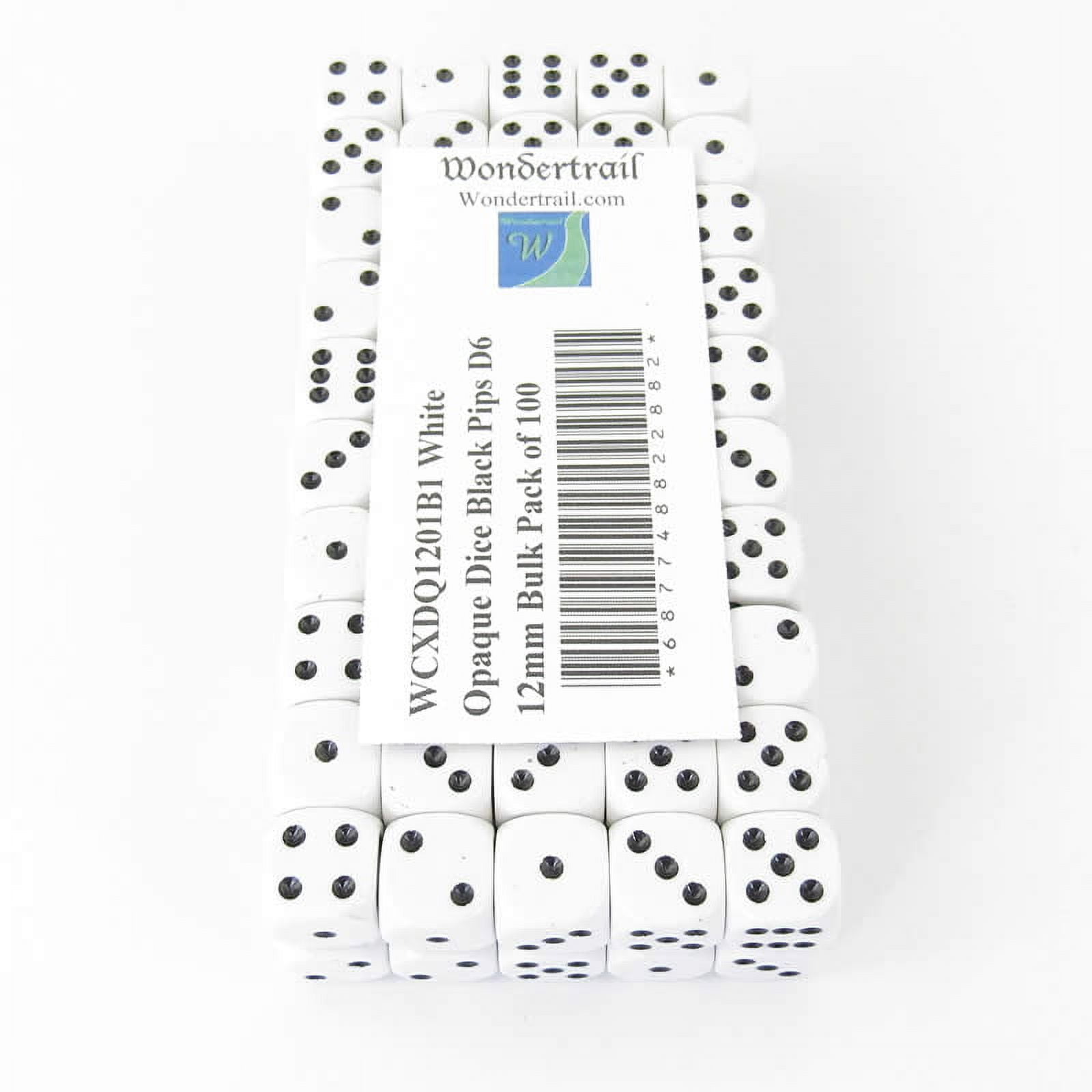 White Opaque Dice with Black Pips D6 12mm (1/2in) Bulk Pack of 100 Wondertrail
