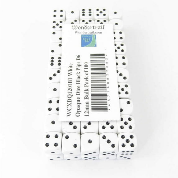 White Opaque Dice with Black Pips D6 12mm (1/2in) Bulk Pack of 100 Wondertrail