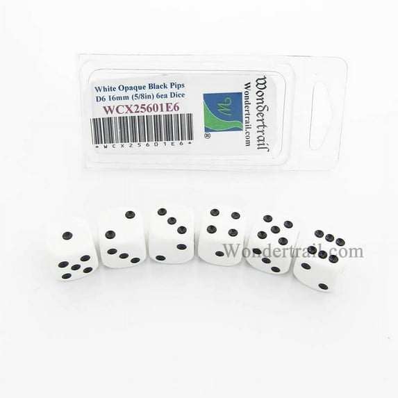 White Opaque Dice with Black Pips D6 16mm (5/8in) Pack of 6 Wondertrail
