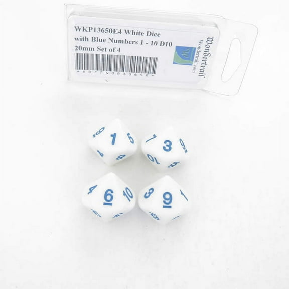 White Opaque Dice with Blue Numbers 1-10 D10 20mm (25/32in) Set of 4 Wondertrail