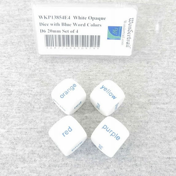 White Opaque Dice with Blue Word Colors D6 20mm (25/32in) Set of 4 Wondertrail