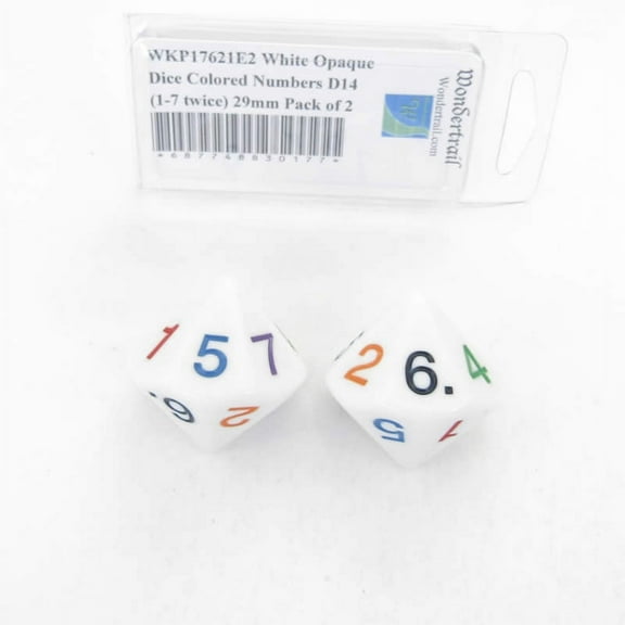 White Opaque Dice with Colored Numbers D14 (1-7 twice) 29mm (1.14in) Pack of 2 Wondertrail