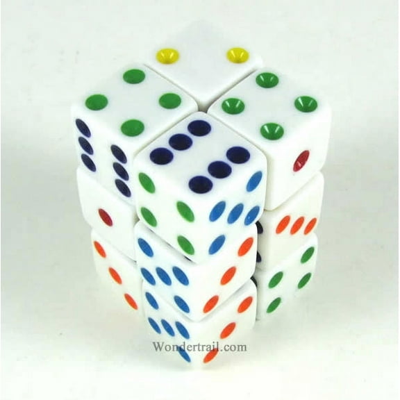 White Opaque Dice with Multi Color Pips D6 16mm (5/8in) Pack of 12 Koplow Games