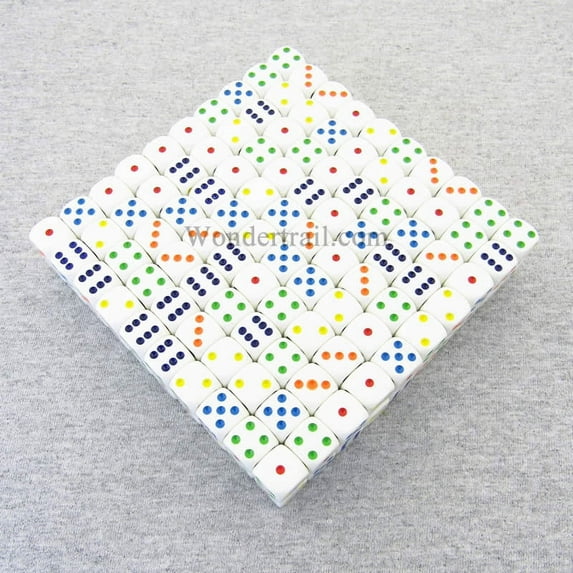 White Opaque Dice with Multi-Colored Pips D6 16mm (5/8in) Bulk Pack of 200 Koplow Games