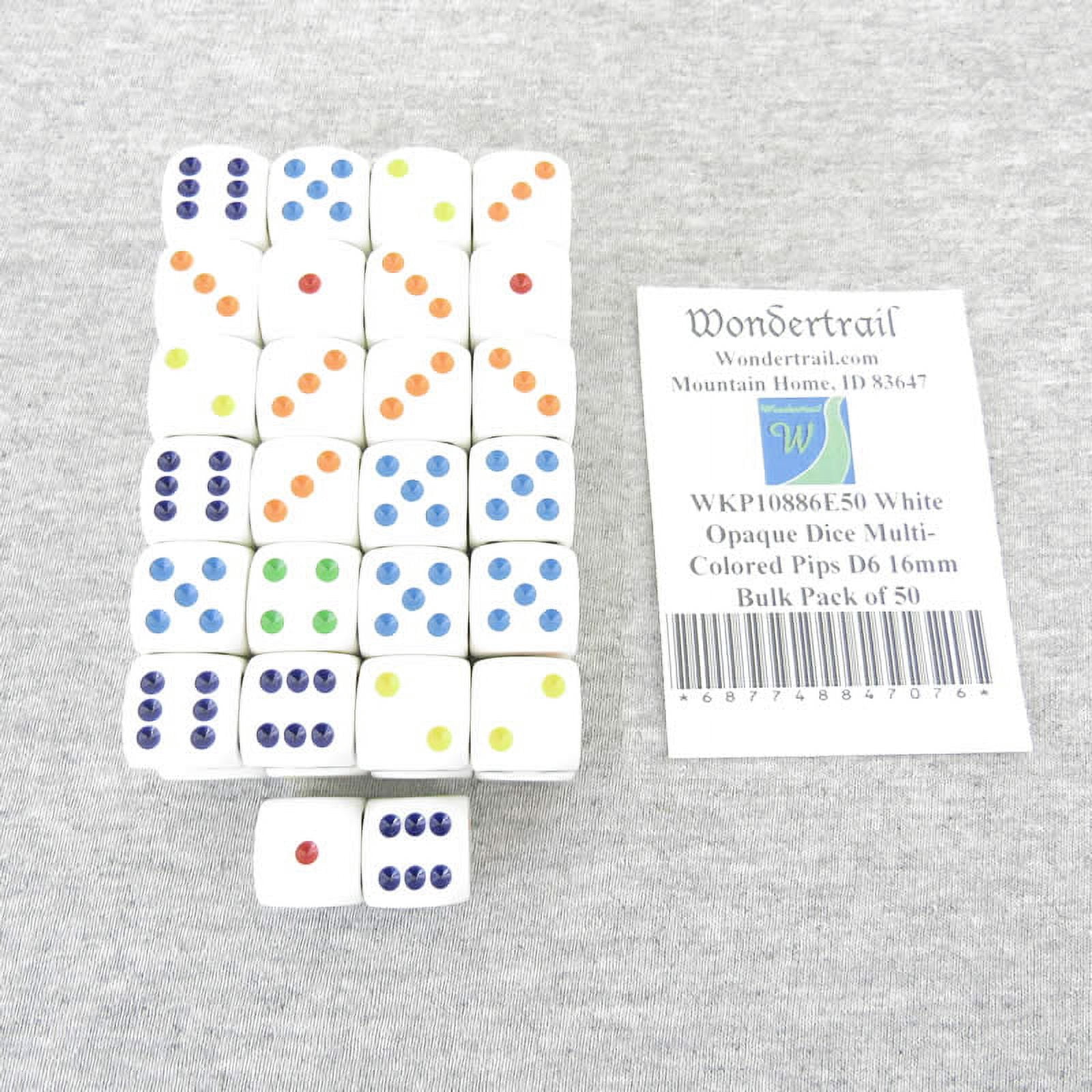 White Opaque Dice with Multi-Colored Pips D6 16mm (5/8in) Bulk Pack of 50 Wondertrail