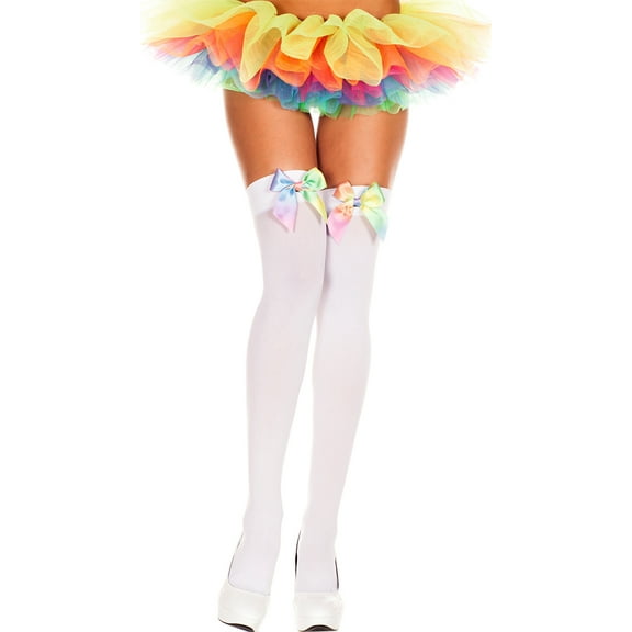 White Opaque Rainbow Satin Bow Thigh High Hosiery, One Size