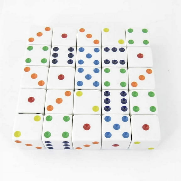 White Opaque Squared Corner Dice Multi-Color Pips D6 25mm (1in) Pack of 25 Wondertrail