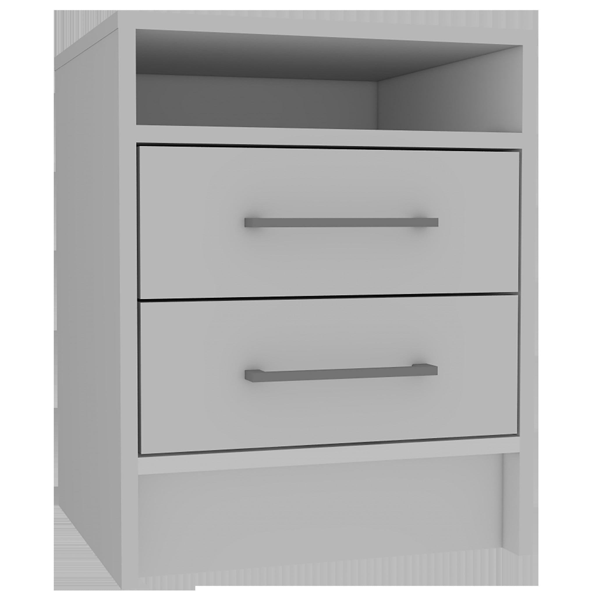 Modern White Two-Drawer Nightstand with Silver Handles and Open Compartment