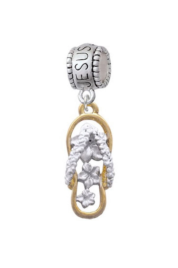 White Open Gold Tone Plumeria Flip Flop - Jesus Loves Me Charm Bead