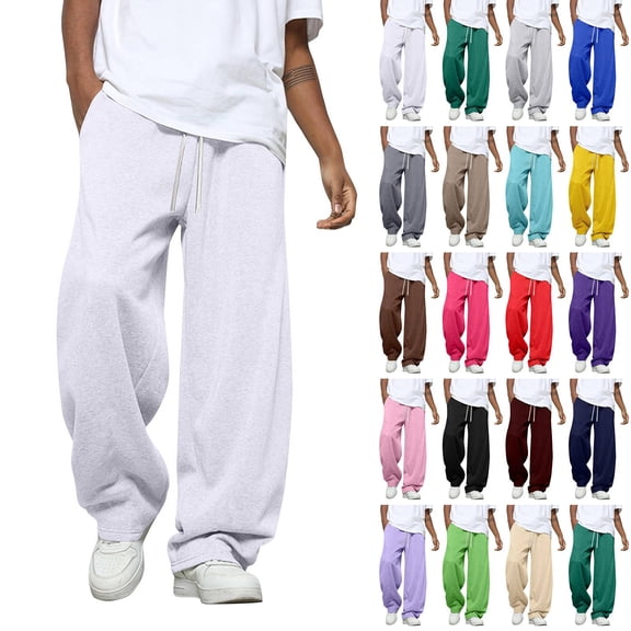 White Open Hem Sweatpants Mens Straight Wide Leg with Draw Sting and Pockets S-3XL