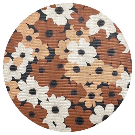 White Orange Brown Flowers PVC Round Grid Placemat Table Mat 1 Pc 15.4" x 15.4"