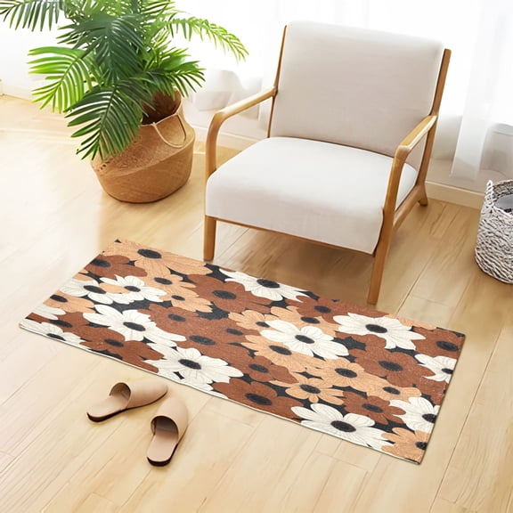 White Orange Brown Flowers Plush Carpet Non Slip Runner Rug Absorbent Bath Mat 39" x 20"