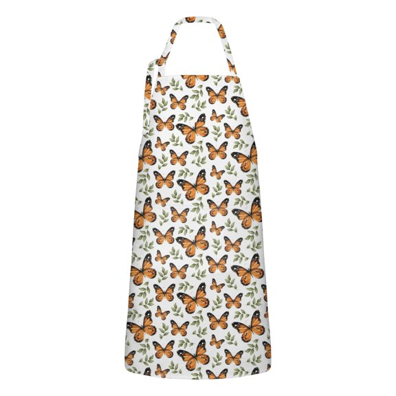 White Orange Butterfly Leaf Pattern Apron-Garden Aprons for Women with Pockets-Cotton Linen Waterproof Kitchen Cooking Gardening Aprons Adjustable for Kitchen,Cooking,BBQ and Salon 33x27 Inch