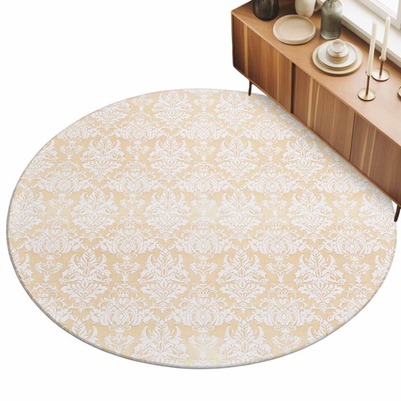 White Orange Flower Area Rug, Ethnic Middle East Non-Slip Felt Rubber Backing Round Indoor Carpet Washable Rugs for Living Room Bedroom 3ft