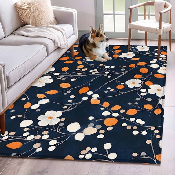White Orange Flowers Area Rugs 4x6 ft Spring Pastoral Floral Washable Rug Non Slip Indoor Carpet Absorbent Floor Mat for Living Room Bedroom Dining Room