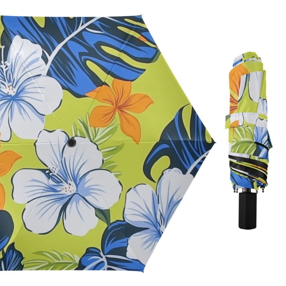 White Orange Flowers Blue Leaves Tropical All Weather Umbrella Triple Folding Parasol 6 Ribs UV Protection Portable