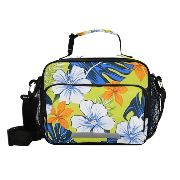 White Orange Flowers Blue Leaves Tropical Insulated Lunch Bag Portable Cooler Bag Mommy Bag Large Capacity 6L