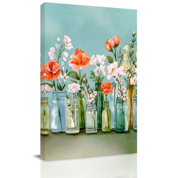 White Orange Flowers Canvas Wall Art for Living Room, Floral Glass Jars Botanical Summer Poster Print Painting for Bedroom Office Home Decoration Wall Pictures Prepare To Hang 24"x36"