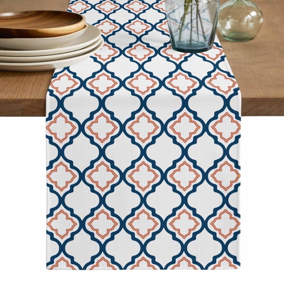 White Orange Moroccan Table Runner, Geometric Abstract Art Washable Cotton Linen Table Runners 36 Inches Long, Dresser Scarf Runner for Nightstand/End Tables/Round Tables 13''x36''